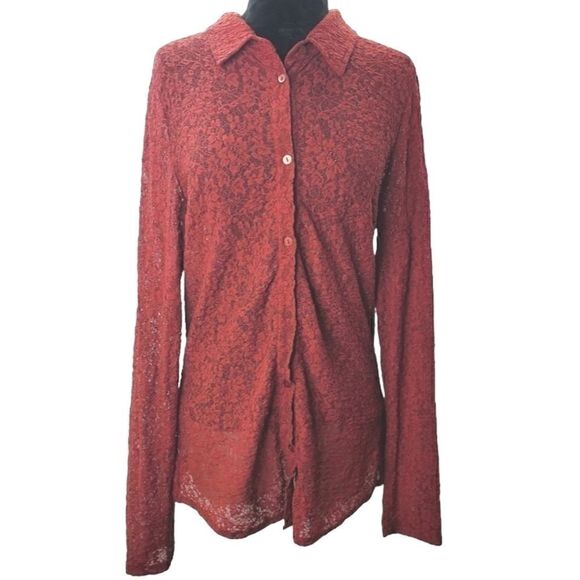 Liz Claiborne Lace Button Down Red Blouse Size Medium - Picture 1 of 16
